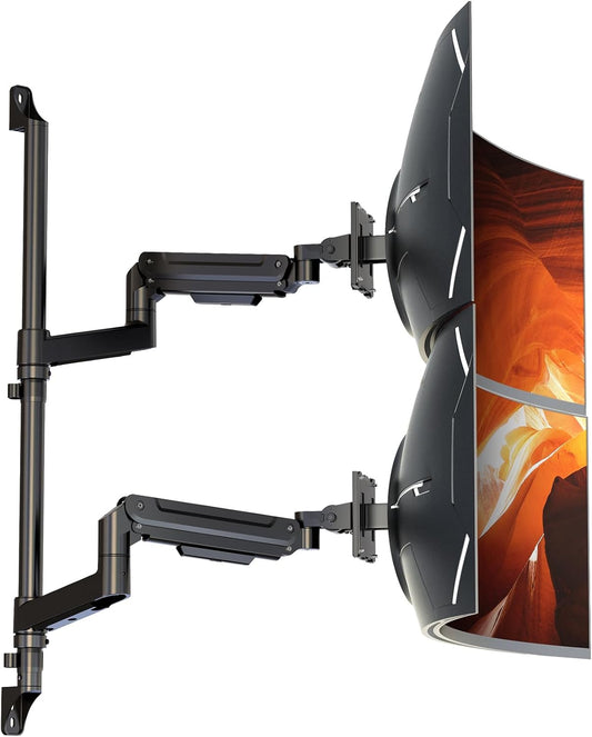 Dubbele monitor muurbevestiging voor 17-49 inch ultrabrede beeldschermen, volledig verstelbare gasveermonitorarm, houdt tot 20 kg per arm, VESA 75/100 mm, ruimtebesparende bureauoplossing voor kantoor