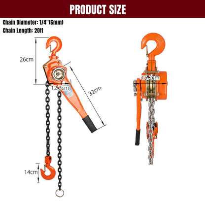 Nisorpa 3/4Ton Chian Hoist 6 M 1500lbs 20ft Kettingblok Hendel Hoist met Haak Handleiding Ratchet Ketting Blok Hoist Kom Langs Trekker Katrol voor Magazijn Transport Industriële