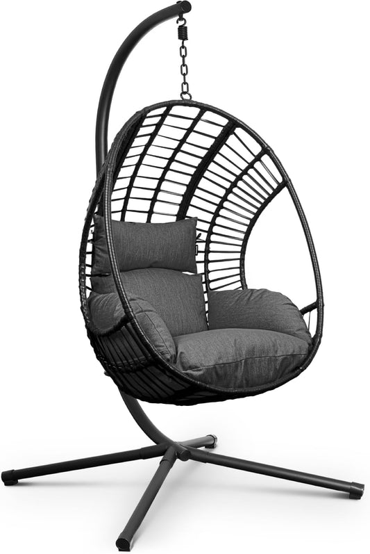 Swoods XXL Egg Hangstoel – Hangstoel met standaard – Voor Binnen en Buiten – Incl. Kussens – Egg Chair – Weerbestendig - Ei Stoel – tot 150kg (Donkergrijs)
