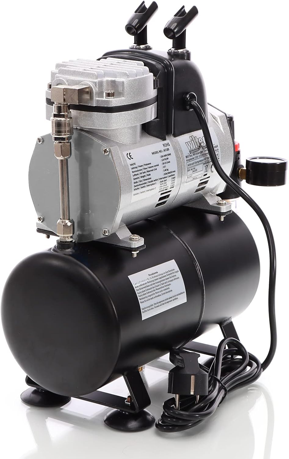 Wiltec airbrush zuigercompressor AF189 airbrushcompressor met 1 cilinder en luchttank voor werking tot 6 bar met manometer