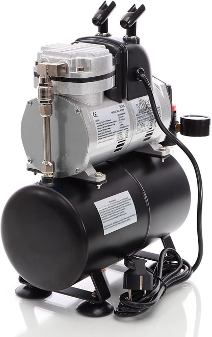 Wiltec airbrush zuigercompressor AF189 airbrushcompressor met 1 cilinder en luchttank voor werking tot 6 bar met manometer