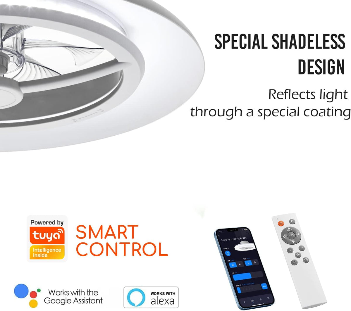 Smart led-plafondlamp met ventilator, plafondventilatorlampen zonder lampenkap, windsnelheden instelbaar, dimbaar licht, moderne ventilatorverlichting, 3000-5500 K