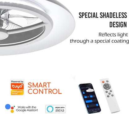 Smart led-plafondlamp met ventilator, plafondventilatorlampen zonder lampenkap, windsnelheden instelbaar, dimbaar licht, moderne ventilatorverlichting, 3000-5500 K