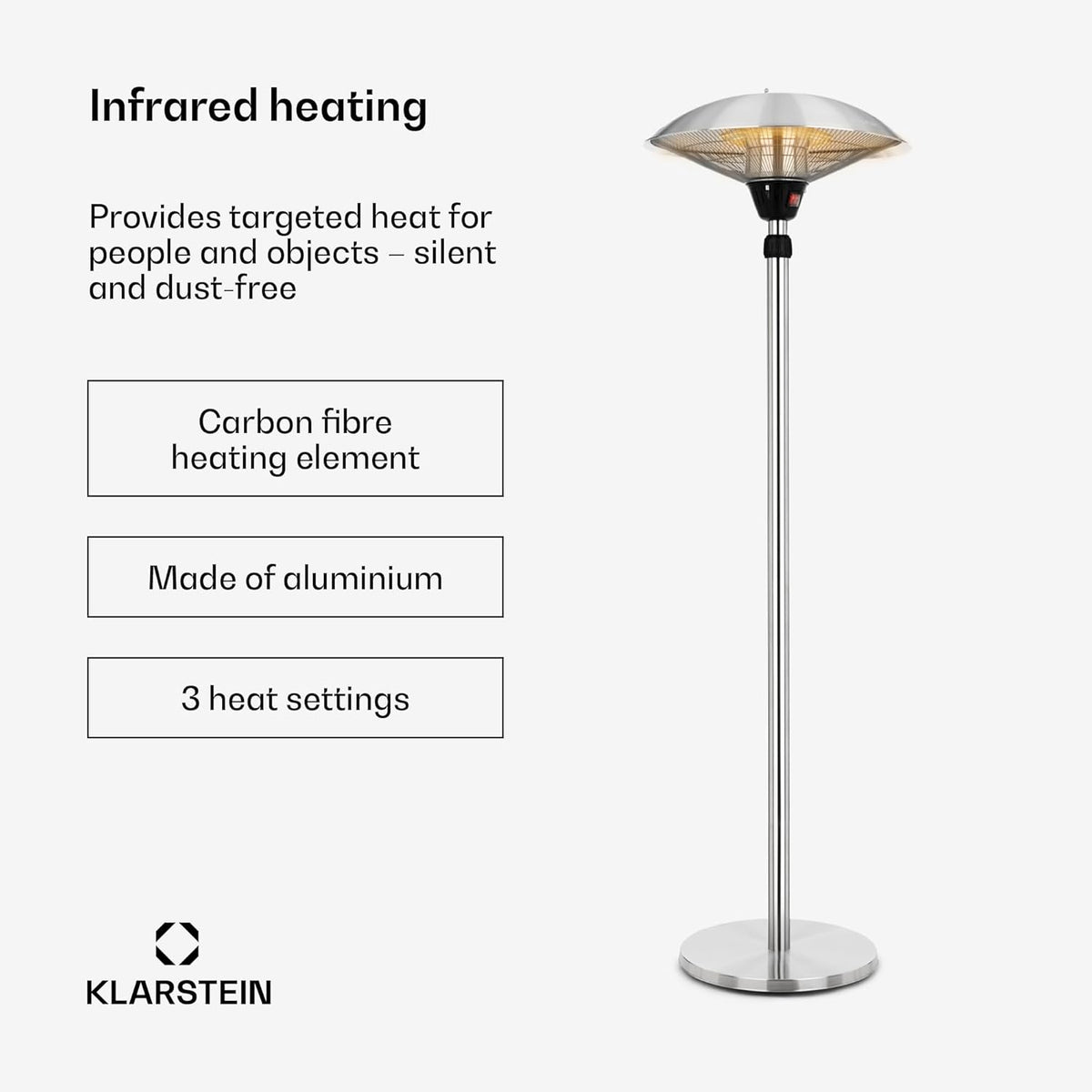 blumfeldt Heat Guard - Heater Heater, Patio Heater, IP44, 3 Levels: 900, 1200 and 2100 W, Height Adjustable, Weatherproof, Aluminium Standard, 1.8 m Cable, Silver - QUORE