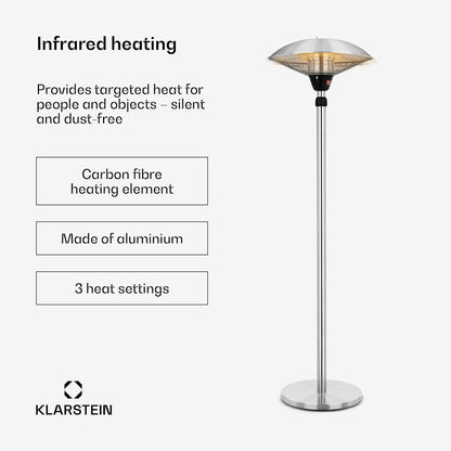blumfeldt Heat Guard - Heater Heater, Patio Heater, IP44, 3 Levels: 900, 1200 and 2100 W, Height Adjustable, Weatherproof, Aluminium Standard, 1.8 m Cable, Silver - QUORE