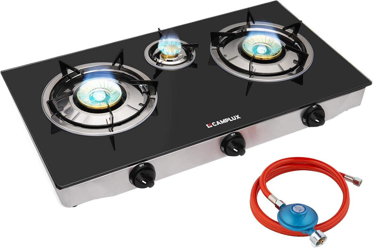 Draagbare Gaskookplaat – Gasstel – Campingkookplaat – Outdoor Kooktoestel – Gasfornuis – 3 Branders – 6250W Vermogen – Gehard Glasplaat