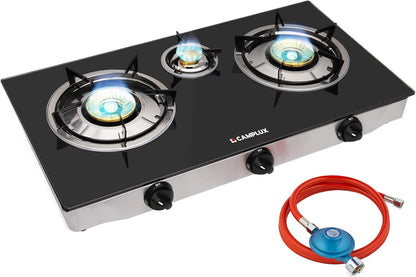 Draagbare Gaskookplaat – Gasstel – Campingkookplaat – Outdoor Kooktoestel – Gasfornuis – 3 Branders – 6250W Vermogen – Gehard Glasplaat