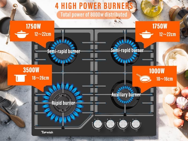 Gaskookplaat – Gasfornuis – Kookplaat – Gascomfort – 4 Pits Kookplaat – 8000 Watt Vermogen – NG/LPG Converteerbaar Met Thermische Bescherming