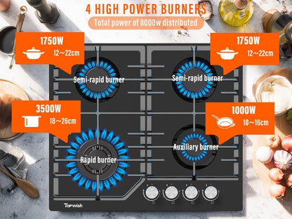 Gaskookplaat – Gasfornuis – Kookplaat – Gascomfort – 4 Pits Kookplaat – 8000 Watt Vermogen – NG/LPG Converteerbaar Met Thermische Bescherming