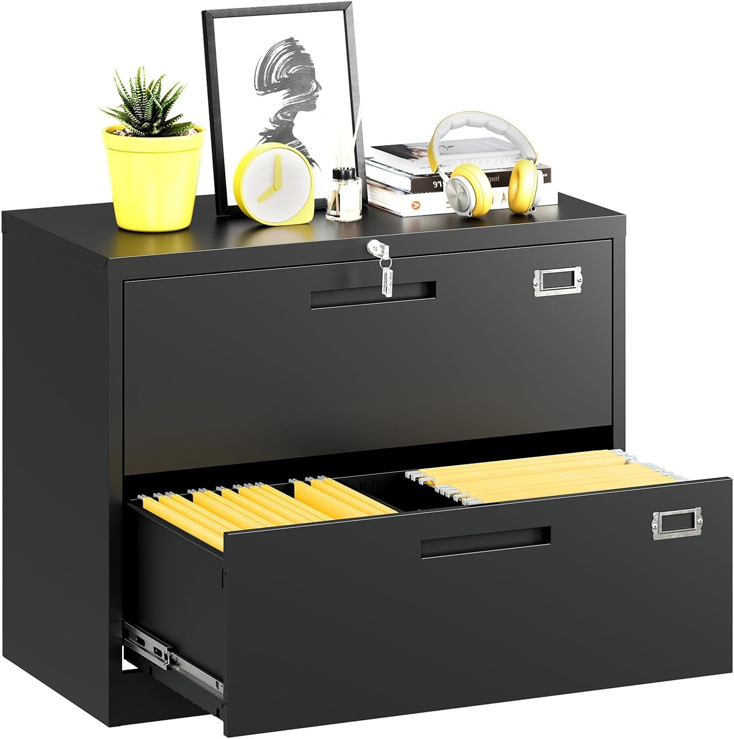 Lateral filing cabinet with lock, large metal filing cabinet with 2 drawers, lockable home office storage cabinet for hanging files Letter/Legal/F4/A4 format assembly required - QUORE