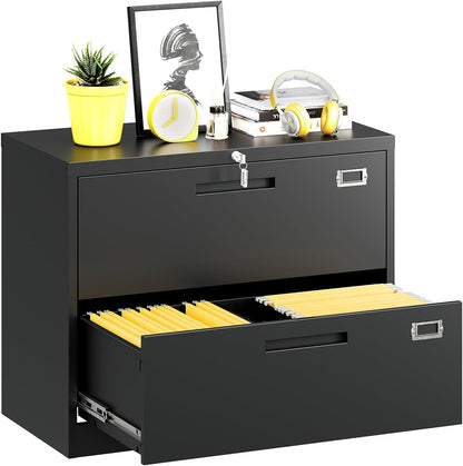 Lateral filing cabinet with lock, large metal filing cabinet with 2 drawers, lockable home office storage cabinet for hanging files Letter/Legal/F4/A4 format assembly required - QUORE