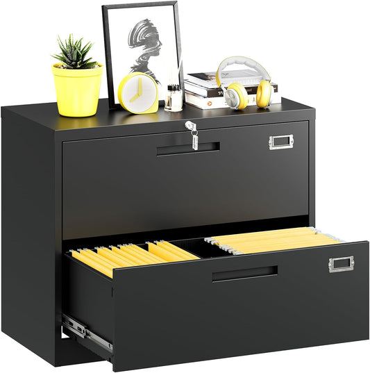 Lateral filing cabinet with lock, large metal filing cabinet with 2 drawers, lockable home office storage cabinet for hanging files Letter/Legal/F4/A4 format assembly required - QUORE
