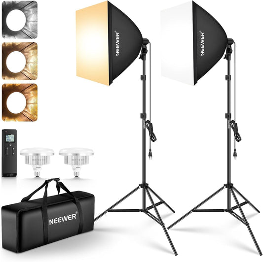 NEEWER NK103 Softbox verlichtingsset met statiefstandaard, set van 2, 45 W tweekleurige 2,4 G led-gloeilampen, 10 kanalen, 2900K-7000K, 1400Lux/m, CRI95, 20 m afstandsbediening, continue fotografie