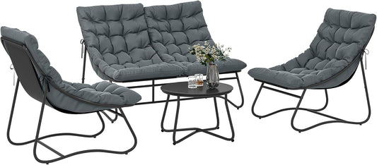 Outsunny Stahl Gartenmöbel Set 4 Persons wetterfest Balkonmöbel-Set mit 2er Sofa, Sessel Beistelltisch Sitzkissen Outdoor Sitzgruppe Terrassenmöbel Gartengarnitur für Garten Terrasse Balcony Grau