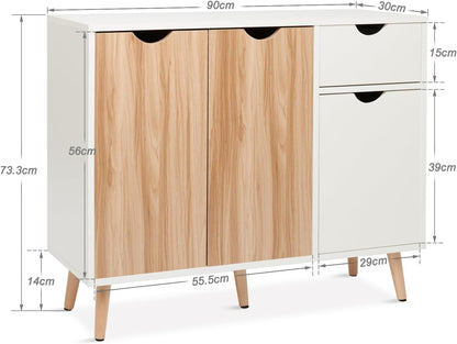 Mondeer Commode, dressoir hout met 1 lade en 3 deuren voor woonkamer slaapkamer hal, wit en natuur 90 x 30 x 73 cm