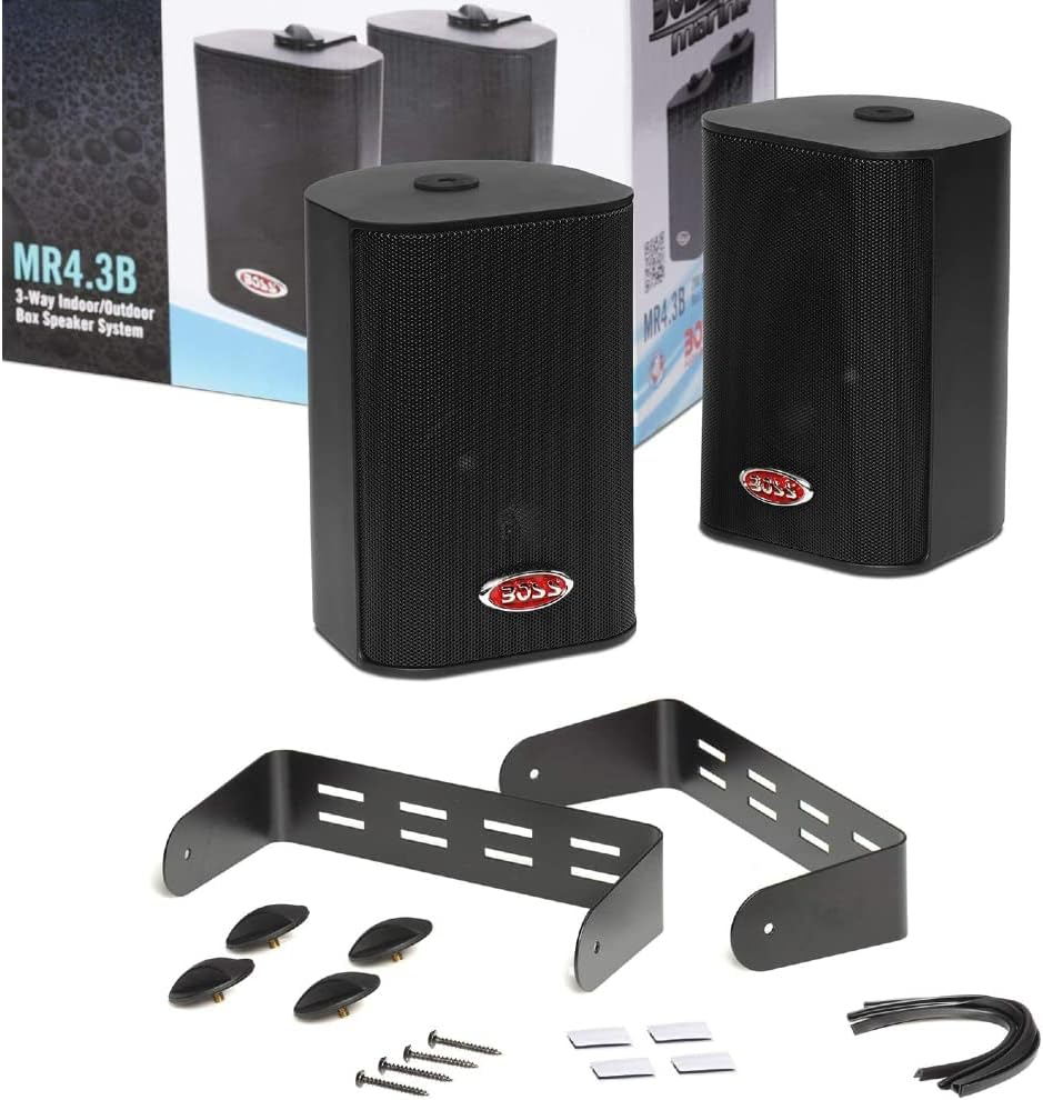 2 SPEAKERS compatibel met BOSS AUDIO SYSTEMS MR4.3B 3-weg zwart 100 watt rms 200 watt max waterdicht voor binnen en buiten + montagebeugels, een paar
