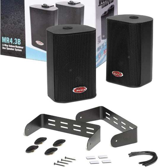 2 SPEAKERS compatibel met BOSS AUDIO SYSTEMS MR4.3B 3-weg zwart 100 watt rms 200 watt max waterdicht voor binnen en buiten + montagebeugels, een paar