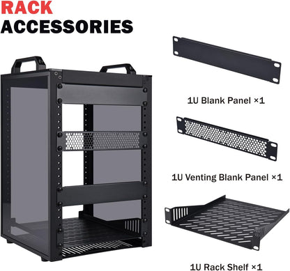 GeeekPi DeskPi RackMate T1 Plus, 10 Inch 8U Serverkast, 260 mm Diepte Mini Rack met Rack Plank & Blank Panel, voor 25,5 cm AV-, NAS- en serverapparatuur (zwart)