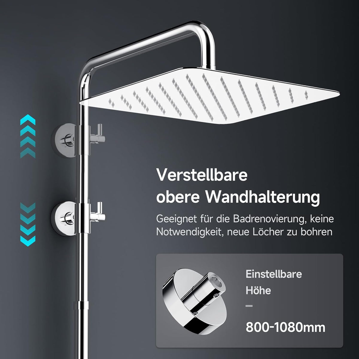 Doucheset – Regendoucheset – Doucherails – Douchekop Vierkant – 30,5 cm – RVS & Chroom – 3 Straalsoorten Handdouche – Verstelbare Stang 80-108 cm