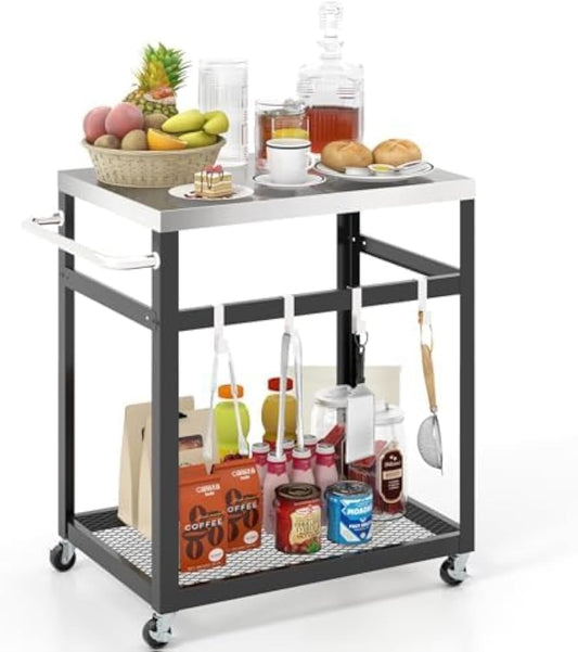 Grilltafel voor buiten, grillwagen met 2 planken, 4 wielen, handvat en 4 haken, pizzatafel, bijzettafel, serveerwagen voor achtertuin, terras (2 planken)