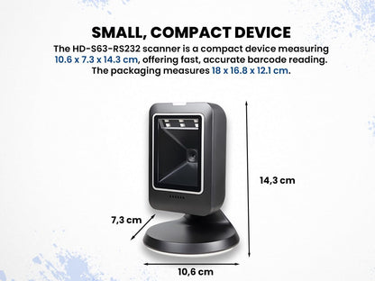 HD-S63-RS232, Streepjescodescanner, QR/1D/2D-lezer, RS232, Auto-Sense, IP54, Plug & Play, Compatibel met Meerdere Besturingssystemen, Lezen van Schermen