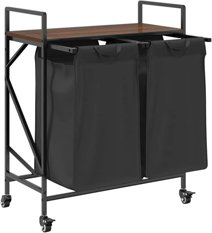 Wasmmand – Wasbak – Wascontainer – Waschmand – Wasbox – 3 Compartimenten – Sonoma Eikenhouten Plank – Uitneembare Waszakken – Wieltjes Met Rem - QUORE