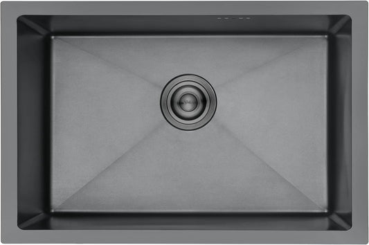 Ibergrif M87044B Keukenspoelbak 70 x 44 cm, onderbouwspoelbak of werkblad met afvoerfilter, roestvrij staal, zwart