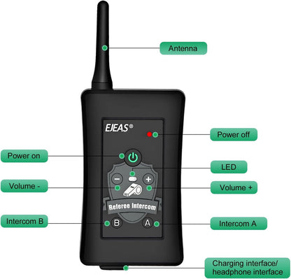 EJEAS FBIM Professionele Bluetooth-intercom voor scheidsrechter, 850 mAh volduplex 1500 M draadloze intercom met ruisonderdrukking voor voetbal en handbal (4 stuks)