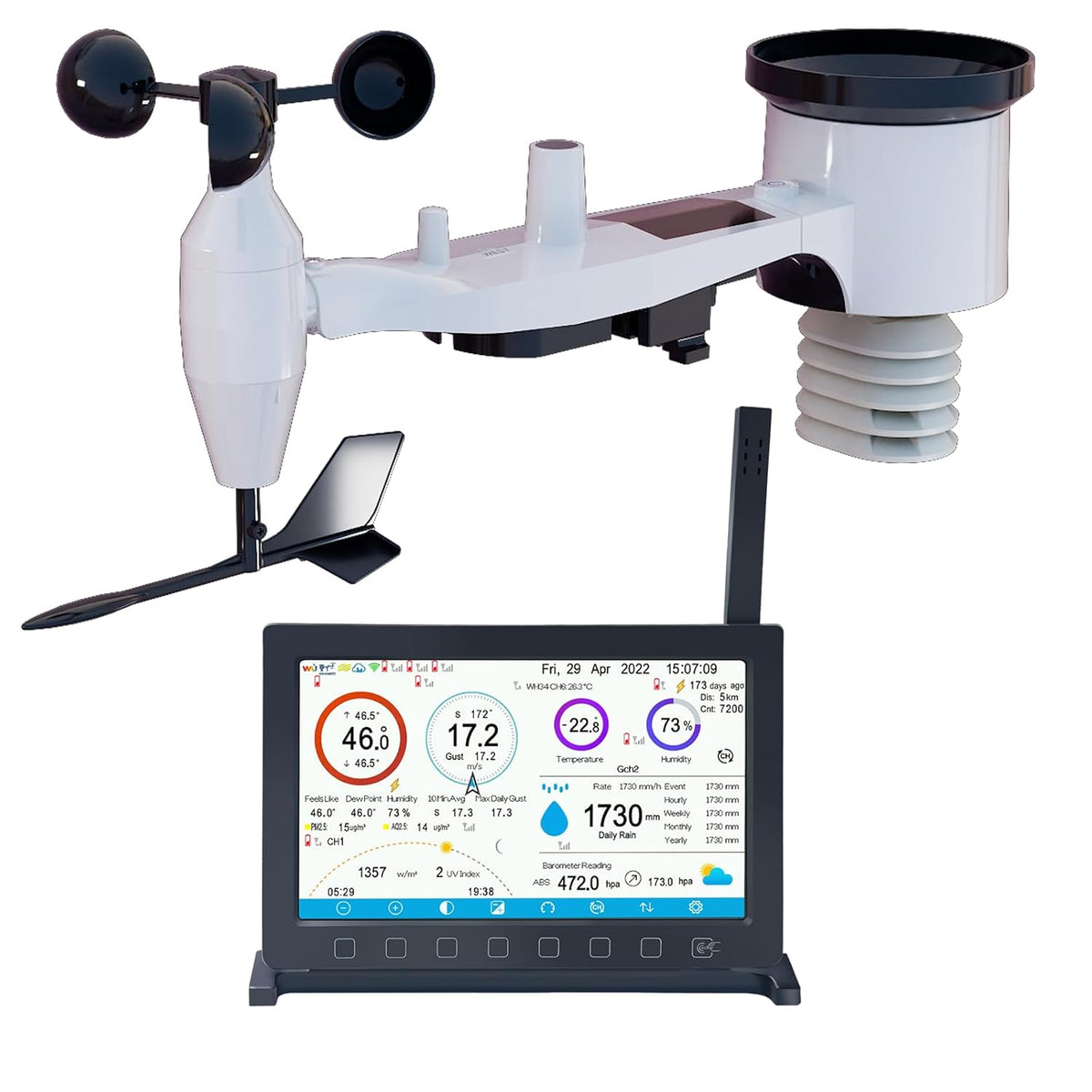 ECOWITT HP2561 Weerstation met buitensensor, draadloos, 7-in-1 wifi, op zonne-energie werkende weerstations met bewakingssysteem op afstand, weersvoorspelling, 7-inch TFT-scherm voor Garden Home