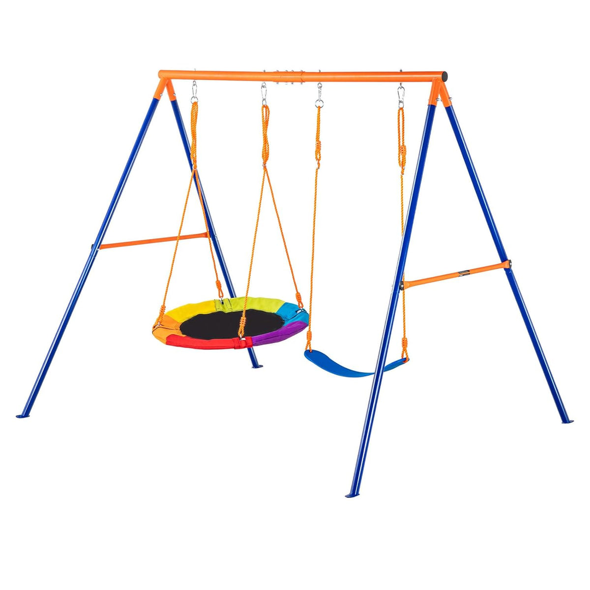 VEVOR JX-SW02 Achtertuin, 420 lbs draagvermogen, set met 1 schotel, 1 gordelstoel, robuuste A-frame metalen schommelstandaard en verstelbaar touw, schommelset voor buiten, blauw