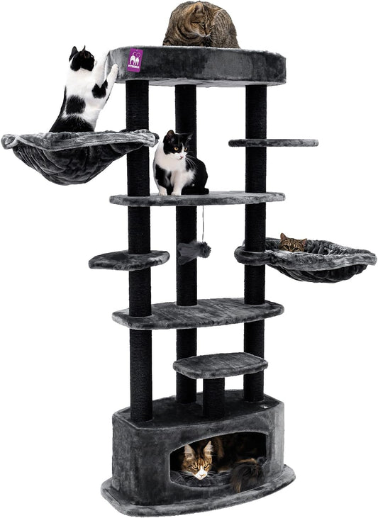 Kattenkrabpaal – Krabmeubel – Kattenboom – Krabton – Krabhuis – Zwart – 177 cm Hoog – Inclusief Comfortabele Ligbak & Ruim Kattenhol