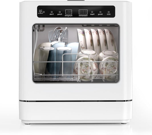 800 W Portable Dishwasher Worktop, 6 Programme Table Dishwasher with 6 Litre Water Tank, Mini Dishwasher with Semi-Transparent Cover and LED Display, Perfect Easy for Small Homes - QUORE