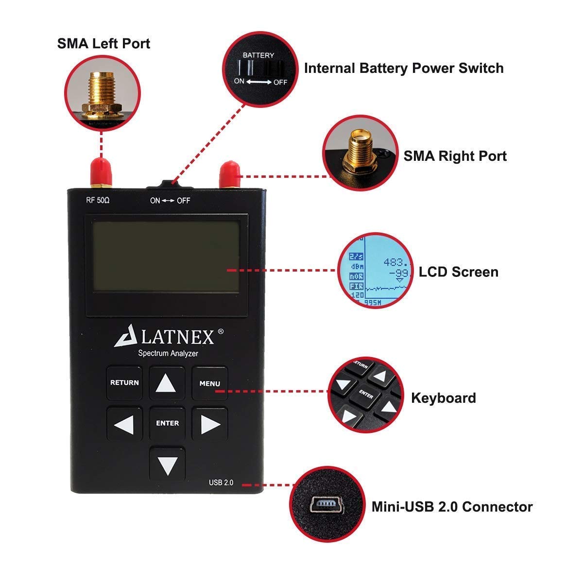 LATNEX SPA-3G Combo RF Explorer spectrumanalysator - handheld RF-frequentieanalysator en RF-spectrum WIFI HAM-radio WiFi-netwerk audio frequentiesignaal analyzer - Inclusief software