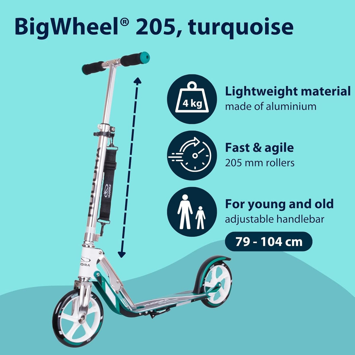 Hudora 14751 Bigwheel 205-Het Origineel Met Rx Hudora Big Wheel 205 Step met RX Pro Technologie, Inklapbaar, Turquoise