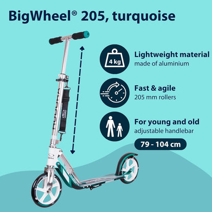 Hudora 14751 Bigwheel 205-Het Origineel Met Rx Hudora Big Wheel 205 Step met RX Pro Technologie, Inklapbaar, Turquoise