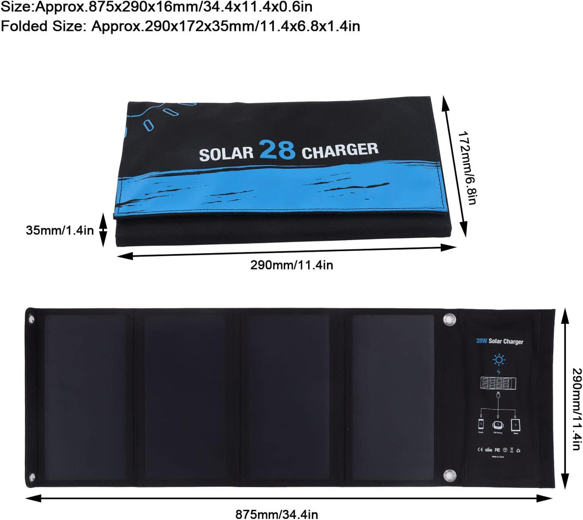 Oplader op zonne-energie, DC 5 V 28 W, draagbare oplader op zonne-energie, waterdicht, zeer efficiënte oplader voor zonnepaneel, externe accu voor buiten, voor tablets en wandelen, kamperen