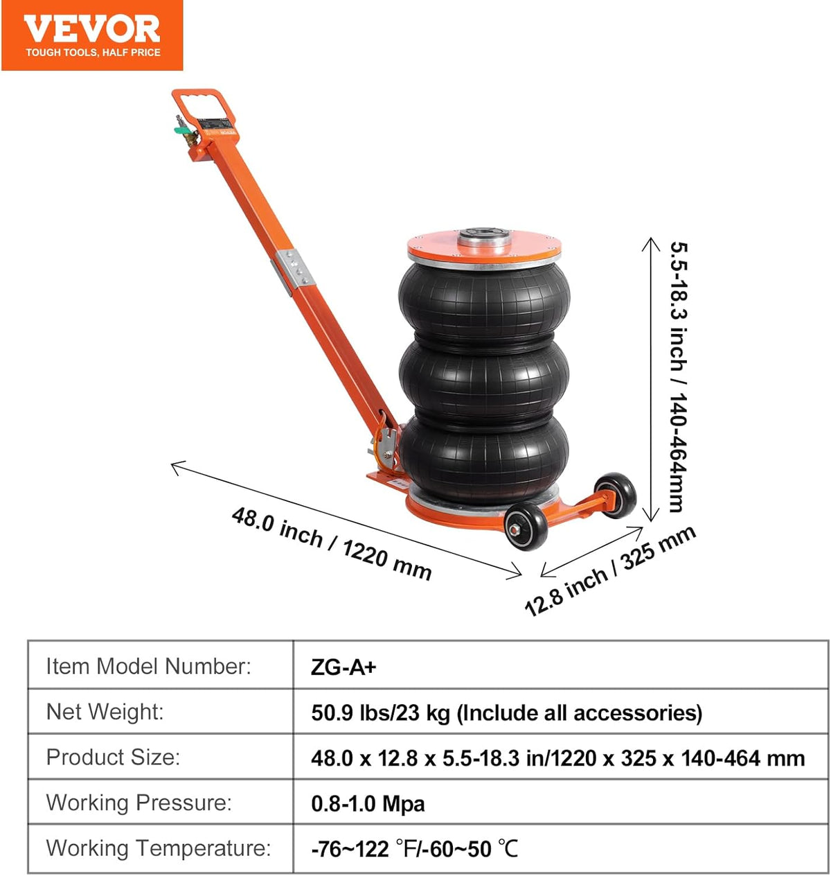 VEVOR Pneumatic Jack 5 Ton, Pneumatic Lift Jack with Raised Column and Adjustable Handle, Easy to Lift and Compact for Sedan, SUV, Van, Car Repair Garage