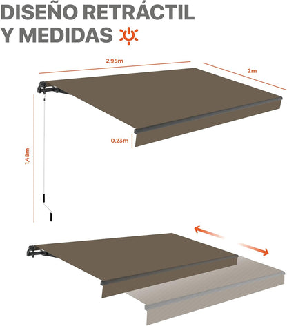 SmartSun Dark zonnezeil voor buiten, handmatig, 3 x 2 m, voor terras, balkon of tuin, intrekbaar frame antraciet, robuust aluminium, polyester canvas, oprolbaar, zwengel inbegrepen, taupe