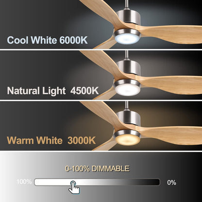 Ovlaim 132cm massief houten plafondventilatoren met verlichting Afstandsbediening, Stille DC Motor 3 Blade Propeller Slimme Plafondventilator, Binnen Woonkamer Slaapkamer, Natuur & Zilver