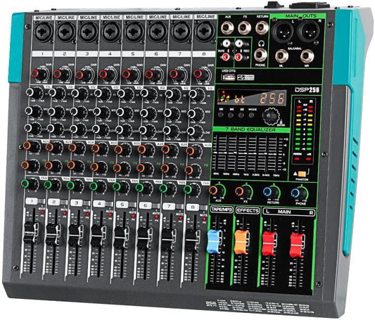 Sound board console, 8-kanaals microfoon/line-ingang, USB MP3-ingang, Sound Mixer, 48V fantoomvoeding, stereo podcast mixer, DJ Studio Soundboard, FX Reverb Delay Audio Mixer