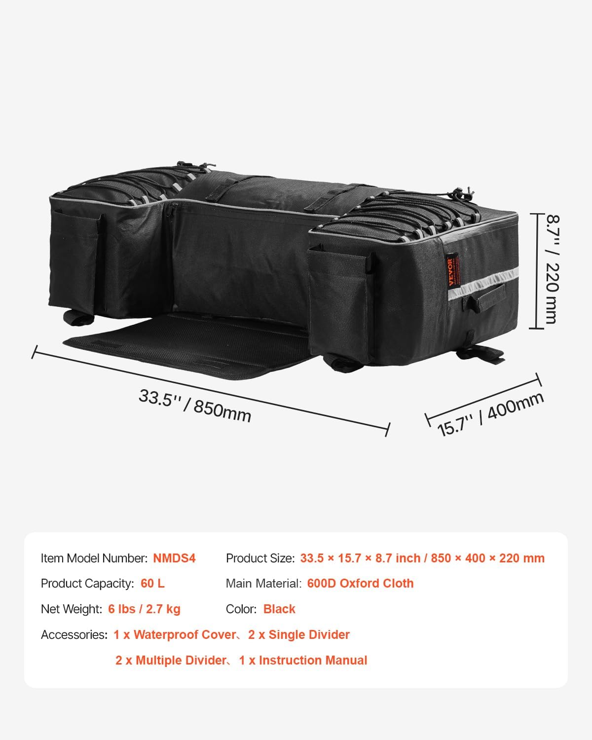 VEVOR ATV opbergtas achter, 60 liter ATV bagagetas met rugleuning en waterdichte hoes, geschikt voor de meeste ATV's met achterrekken, compatibel met ATV's, UTV, Can-Am voertuig
