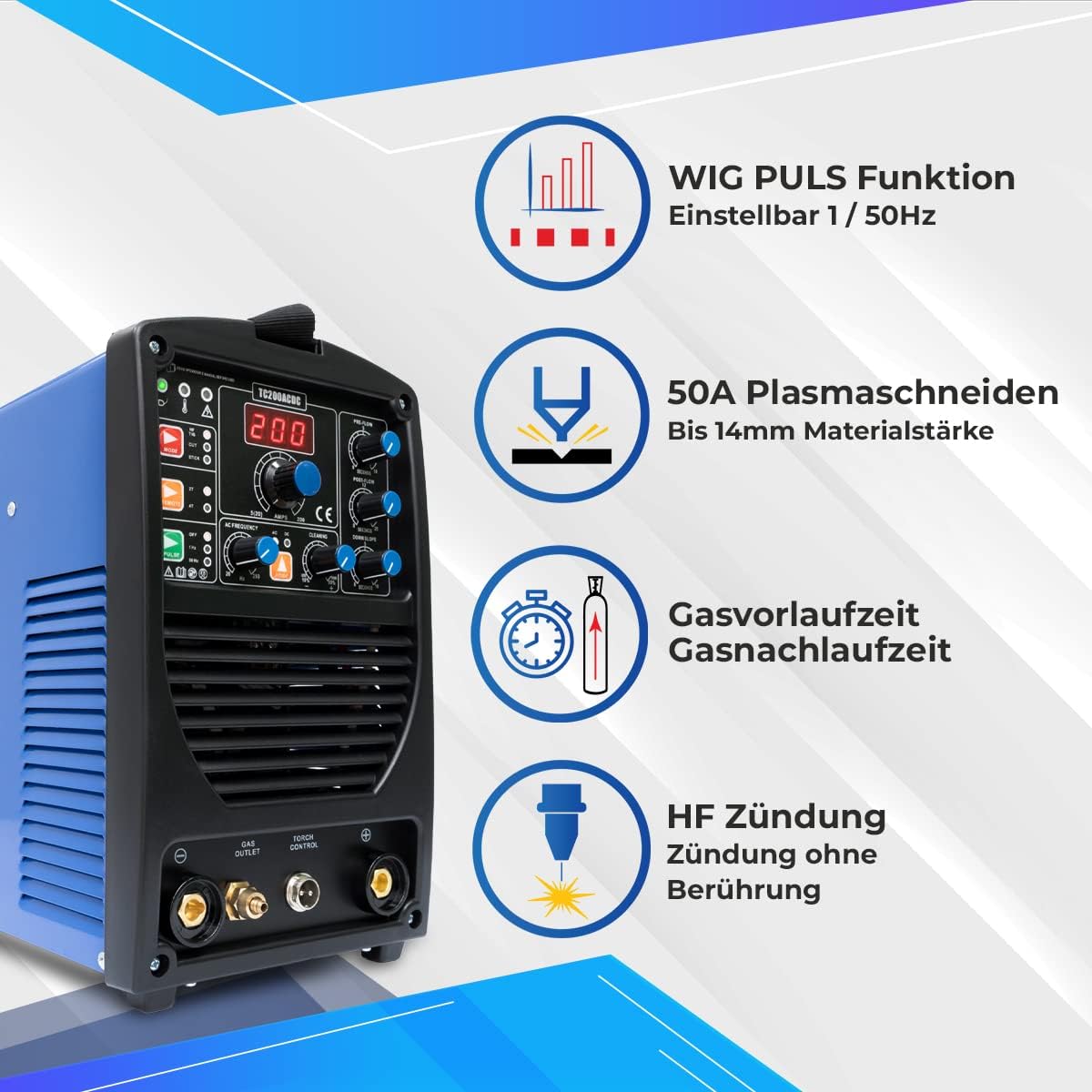 IPOTOOLS TC200ACDC TIG lasapparaat - TIG boog lasapparaat met 200 A 230 V IGBT, 3-in-1 TIG-station, MMA elektroden, draagbaar lasapparaat, 7 jaar garantie
