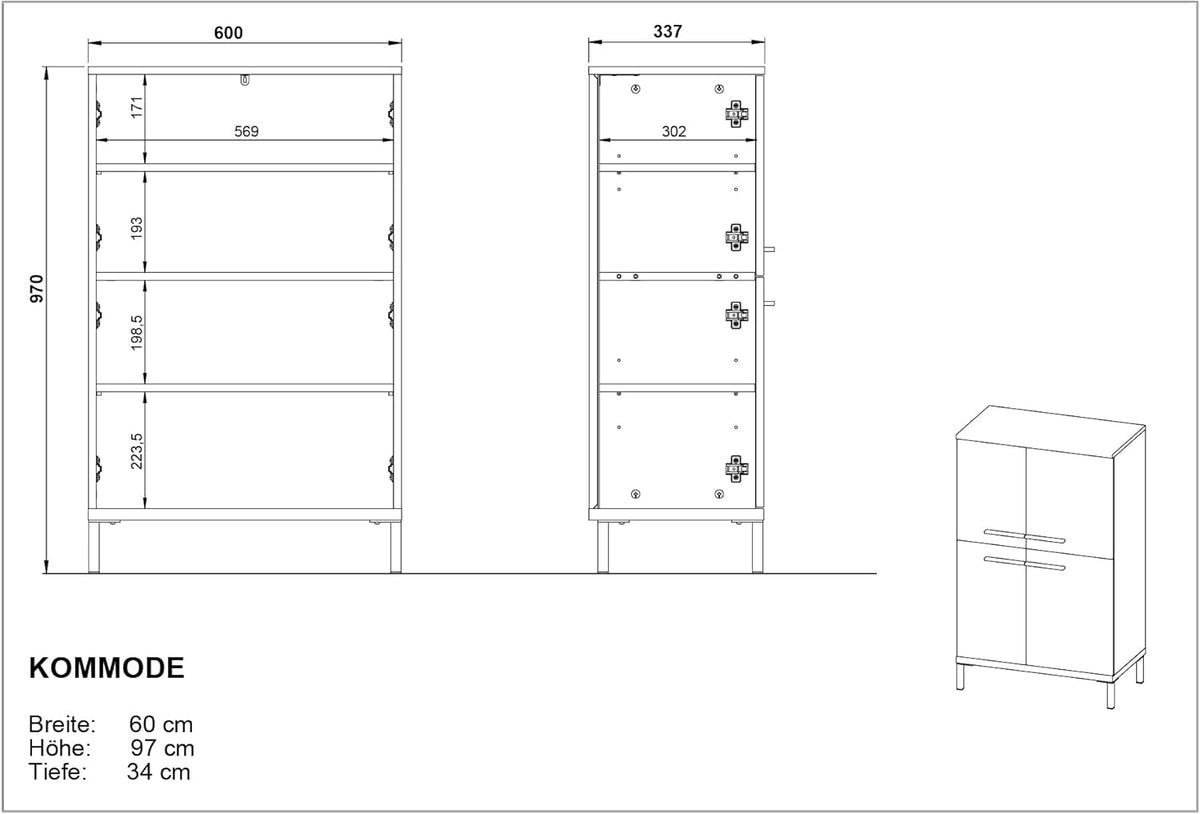 Germania Ladekast 2643-573 GW-YONKERS, in kasjmier/walnoot repro, met vier deuren, 60 x 97 x 34 cm (BxHxD)
