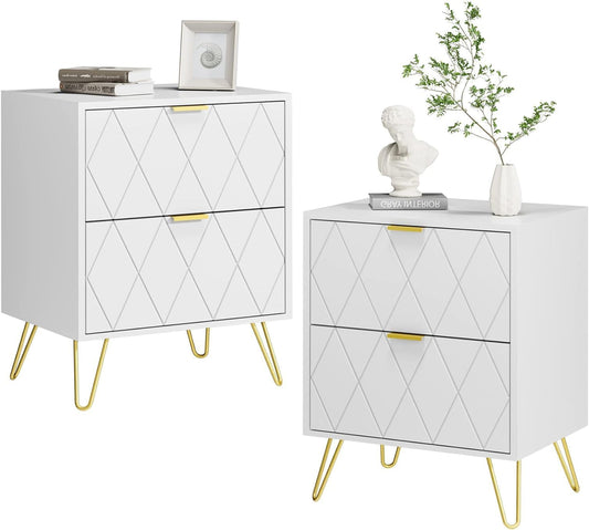 Nachtkastje – Bedkastje – Bijzettafel – Ladenkast – Sofa Tafeltje – Set Van 2 – Wit Met Gouden Metalen Poten – Compact 40x30x52 cm
