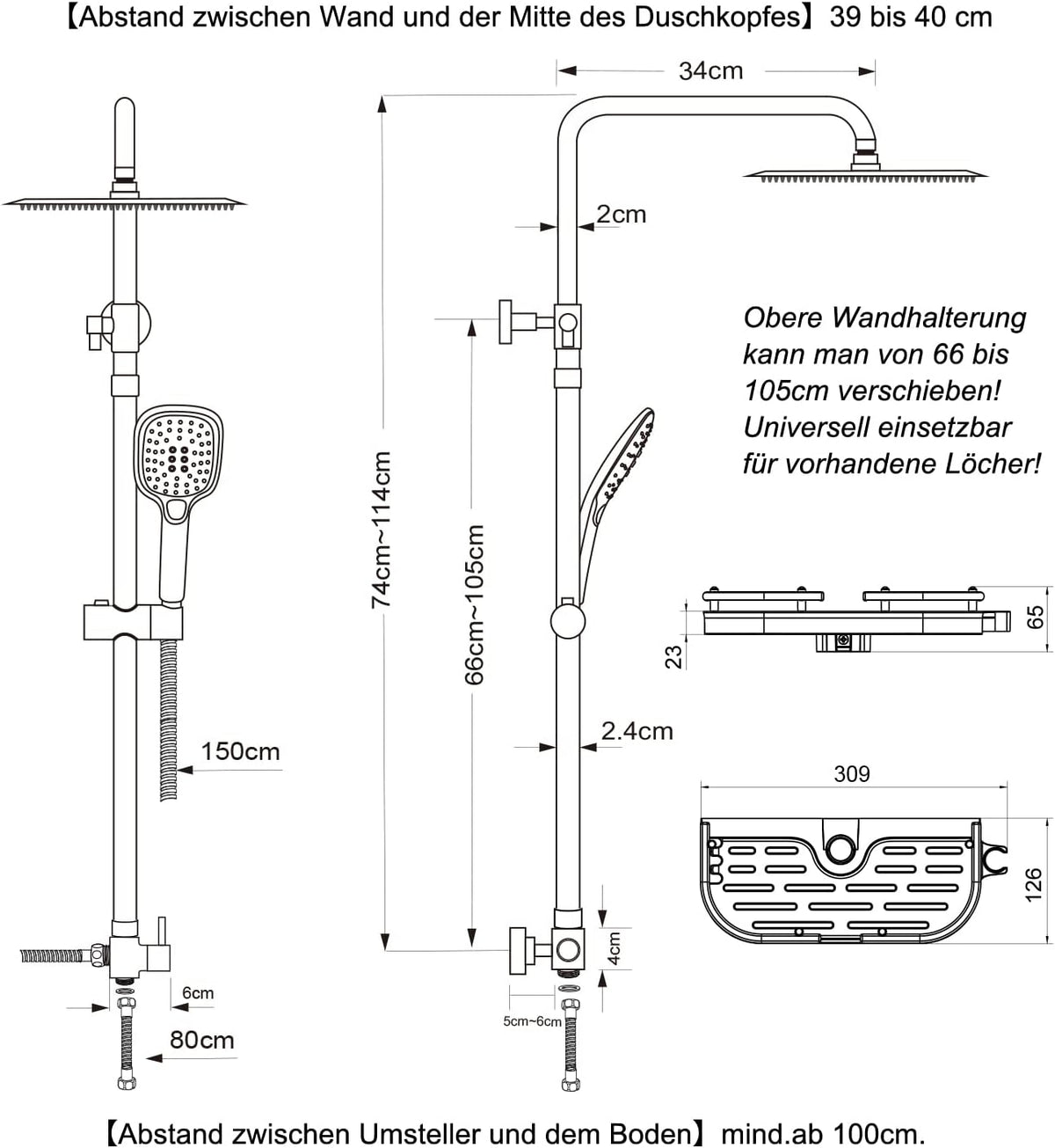 Douchesysteem – Regendouche – Douchezuil – Doucheset – Douchekolom – Mat Zwart Roestvrij Staal – XXL Regendouchekop 30x30 cm – Verstelbare Hoogte 74-114 cm