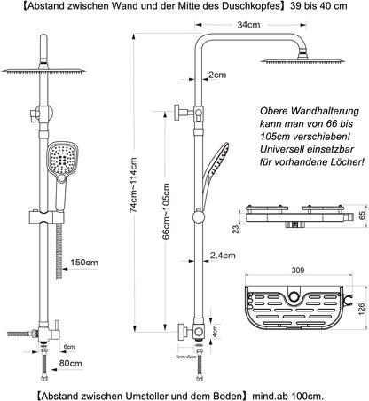 Douchesysteem – Regendouche – Douchezuil – Doucheset – Douchekolom – Mat Zwart Roestvrij Staal – XXL Regendouchekop 30x30 cm – Verstelbare Hoogte 74-114 cm