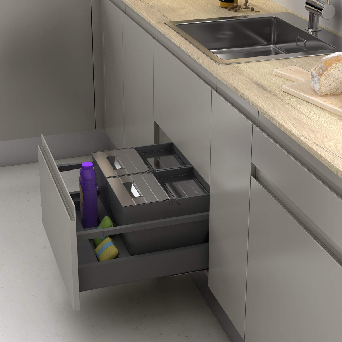 Menage Confort Vuilnisbak en recyclingcontainer voor keukenlade, deksel van roestvrij staal, PP antraciet, 900 mm breedte meubel/hoogte 295 mm