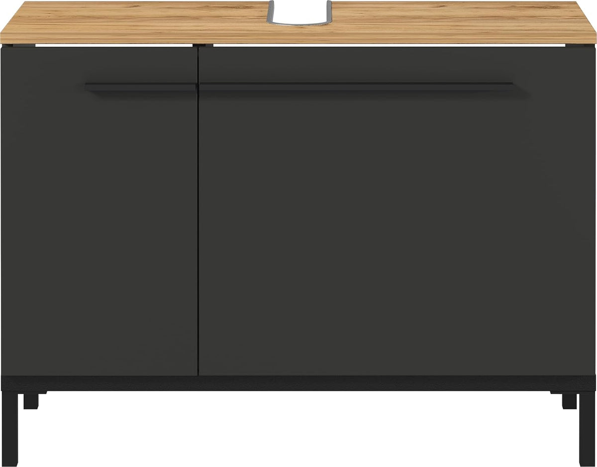 Germania WB Base Cabinet 2670-549 GW-Yonkers, in Graphite/Navarre Oak-Nb., with siphon recess, 80 x 59 x 34 cm (W x H x D) - QUORE