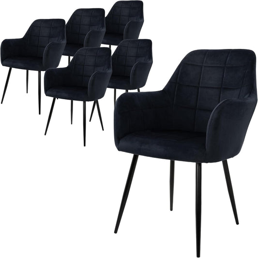 ECD Germany Set of 6 Dining Chairs with backrest and armrests Black Velvet Seat Metal Legs Kitchen chairs Living room chairs Living room chairs Upholstered chairs Armchairs Armchairs