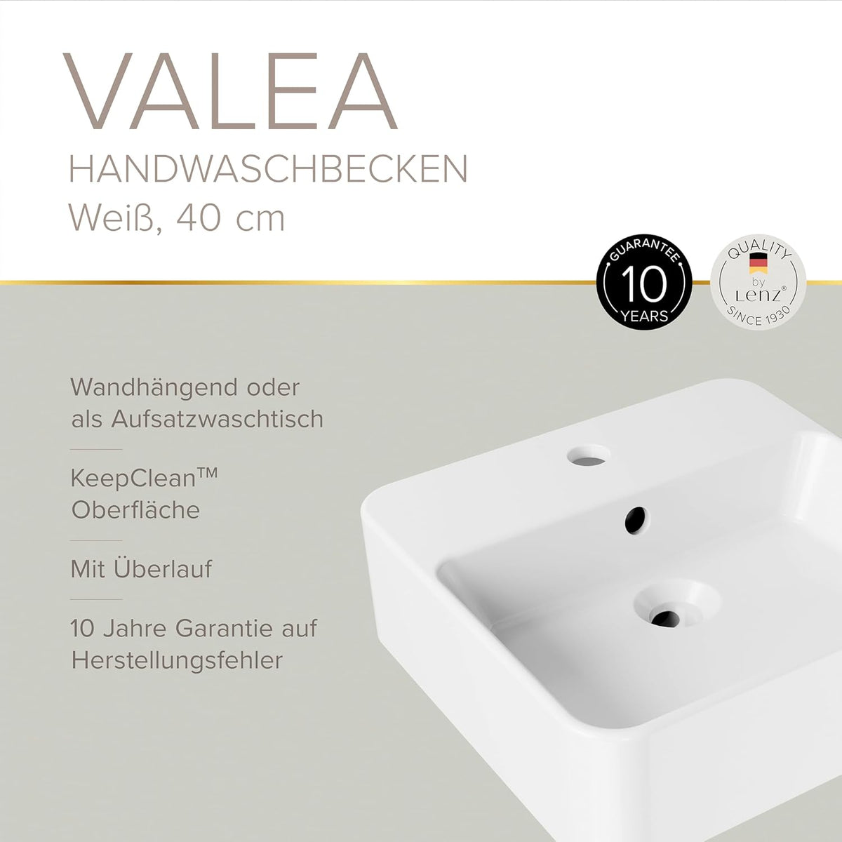 Lenz Handwastafel VALEA voor gastentoiletten en kleine badkamers, 40 cm x 38,5 cm, hangend aan de muur of als opzetwastafel, superglad KeepClean oppervlak, met overloop, wit, 41010161